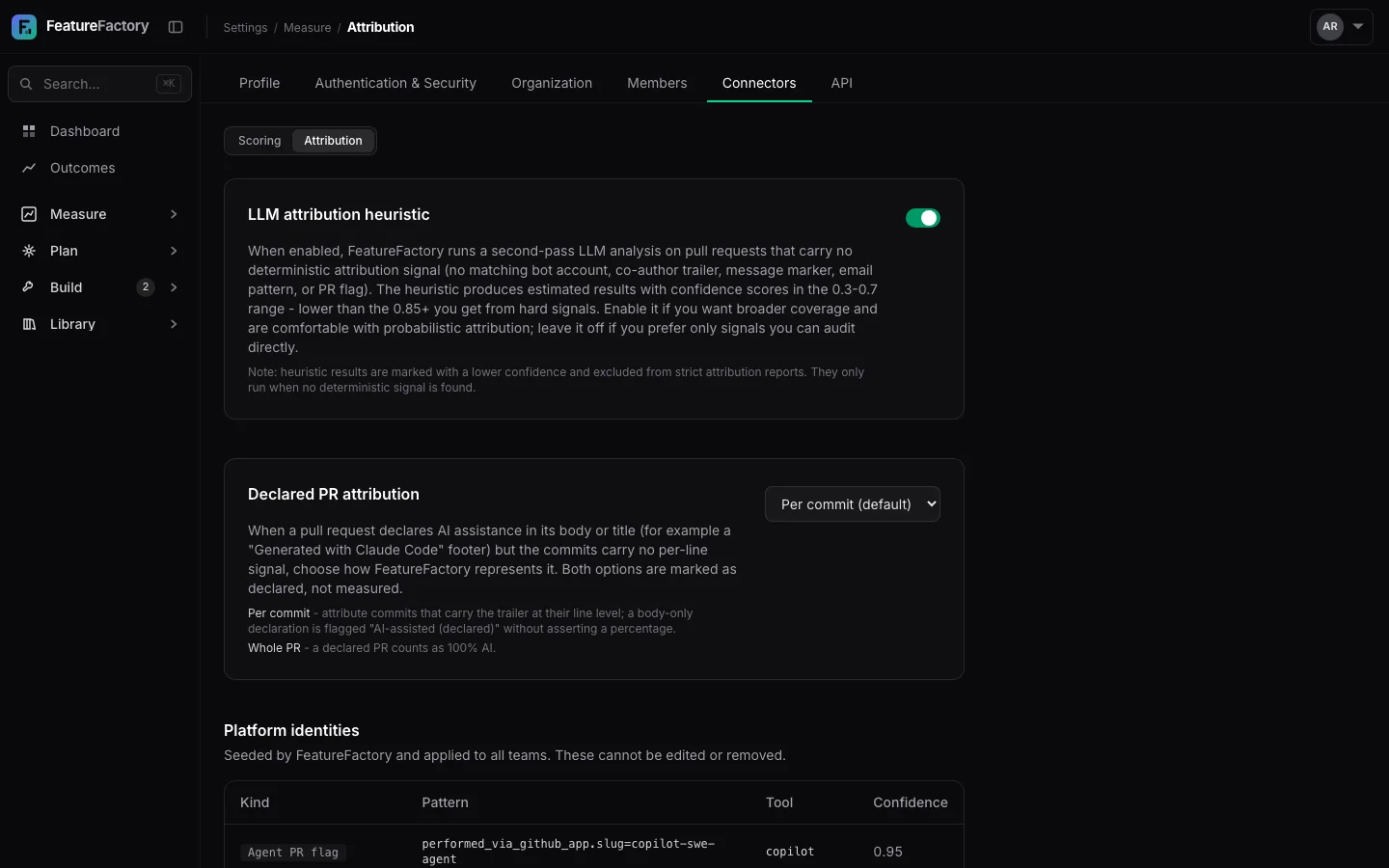 AI attribution settings with identity matching and declared attribution controls.