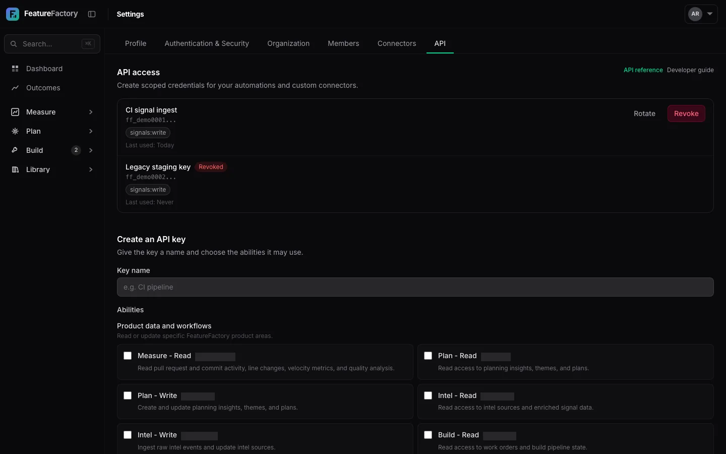 API key settings with scope selection, key creation, and existing access records.