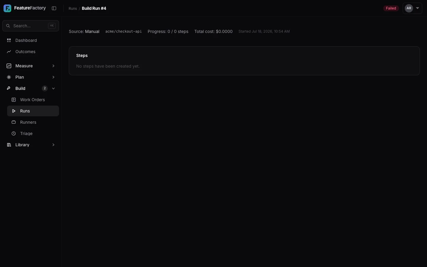 Build run detail with failure evidence and available retry or recovery actions.