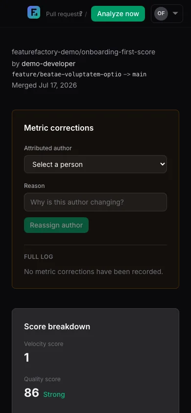 Mobile pull request score with quality summary, attribution, and evidence controls.