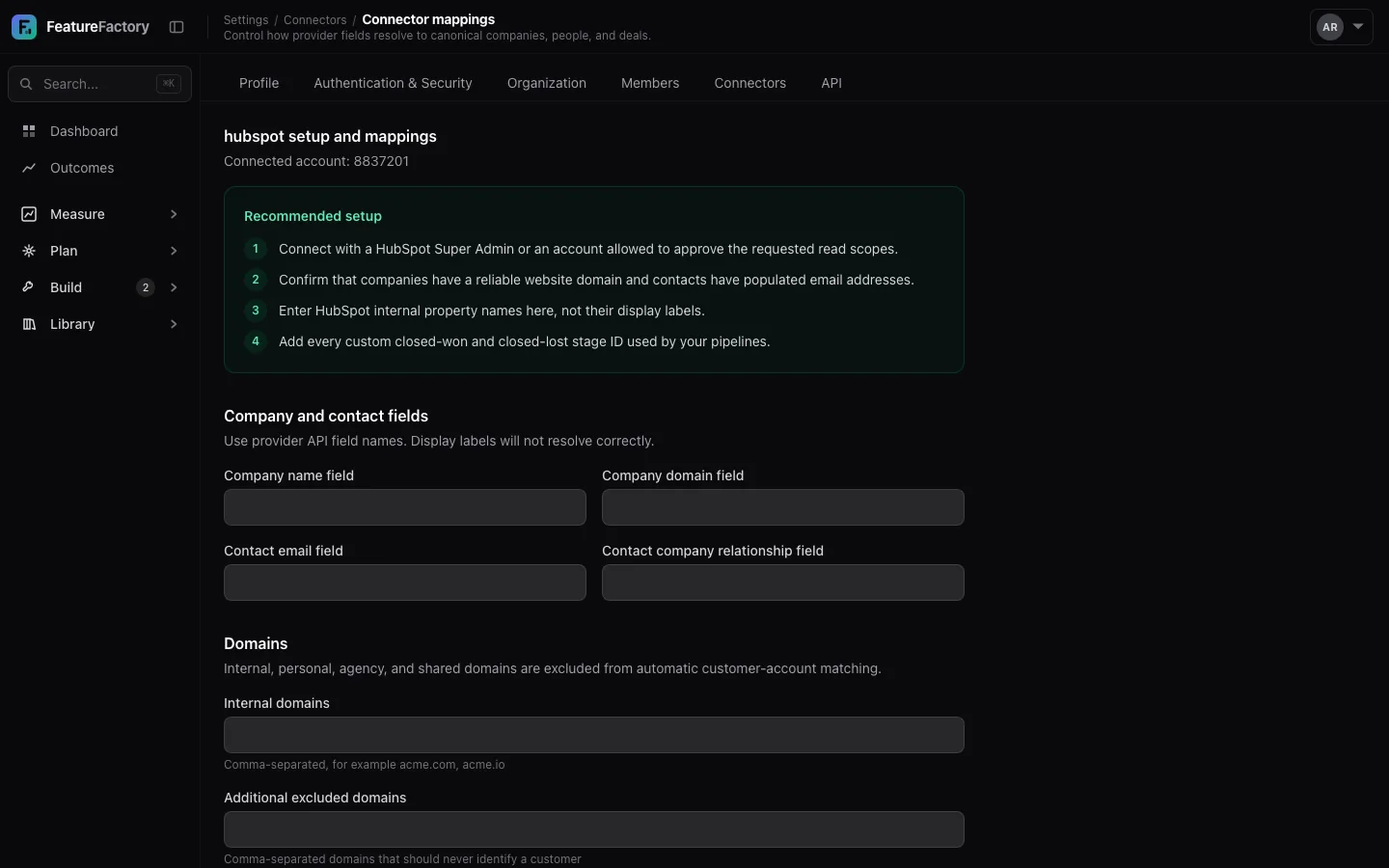 Integration mapping page connecting provider fields to canonical FeatureFactory fields.