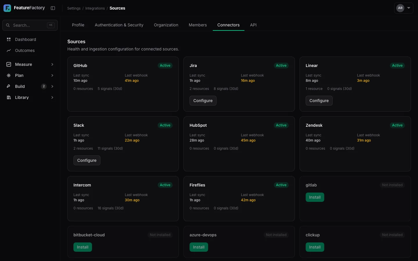Signal source settings showing connected providers and resource configuration controls.