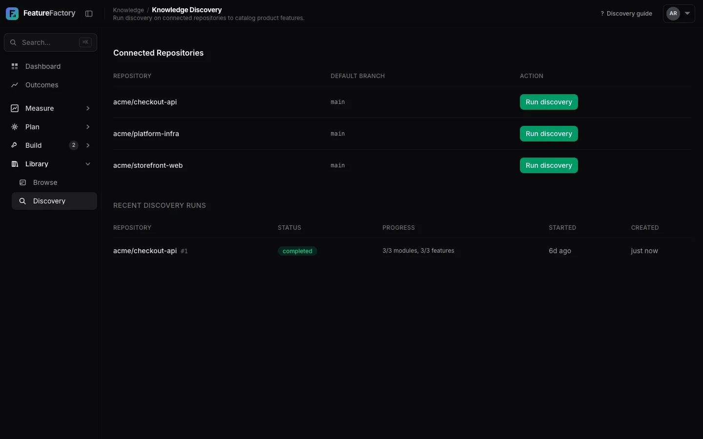 Knowledge discovery queue with candidate sources and generation status.