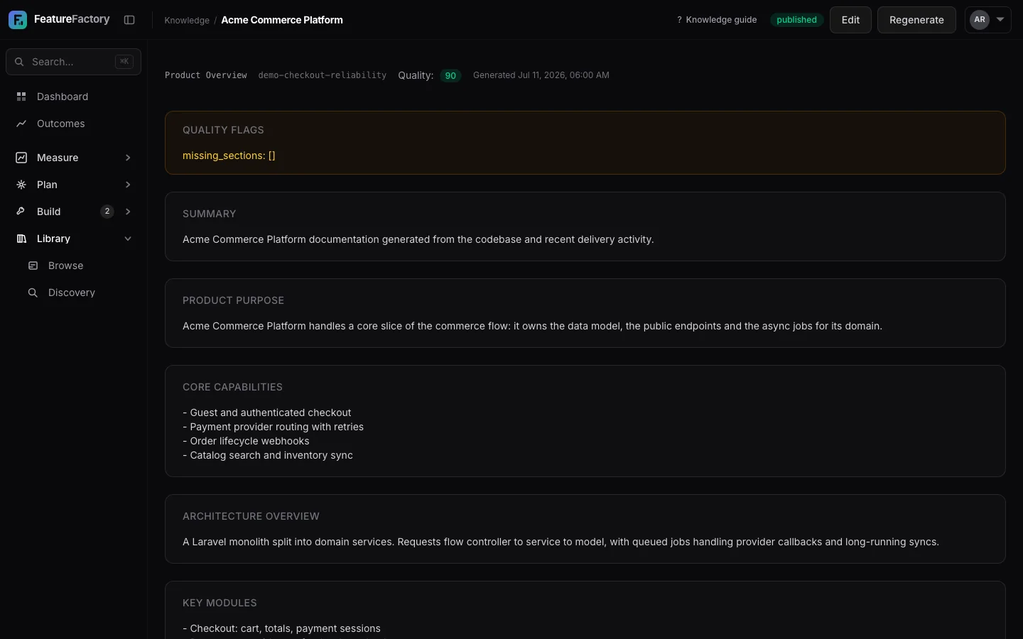 Generated knowledge page with source references, review state, and publishing controls.