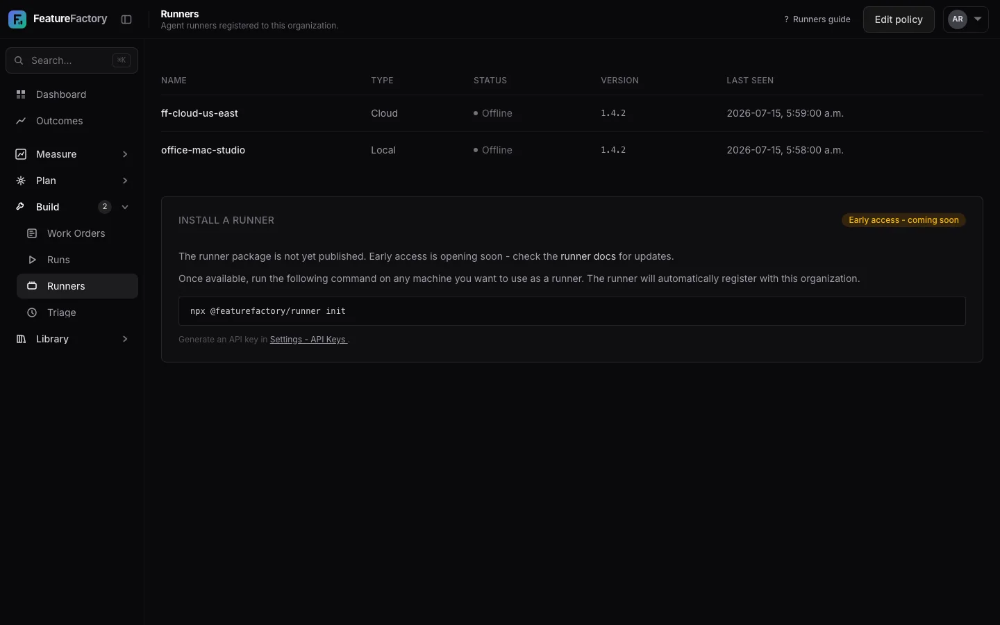 Local Runner page with registration steps, runner health, and execution policy.