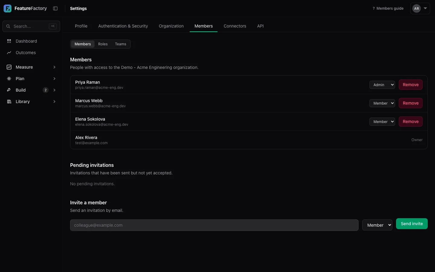 Organization settings page showing member invitations and assigned roles.