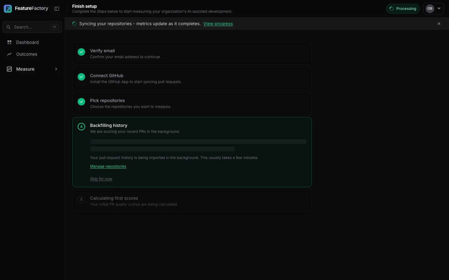 Onboarding checklist showing repository history backfill in progress.