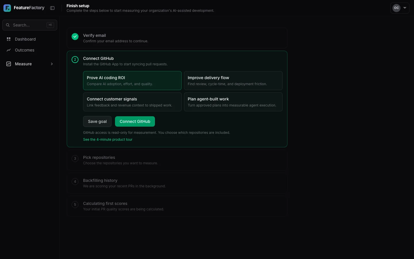 FeatureFactory onboarding screen prompting an owner to connect the GitHub App.