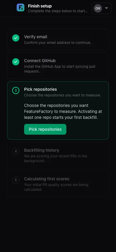 Mobile repository selection step with available repositories and activation controls.