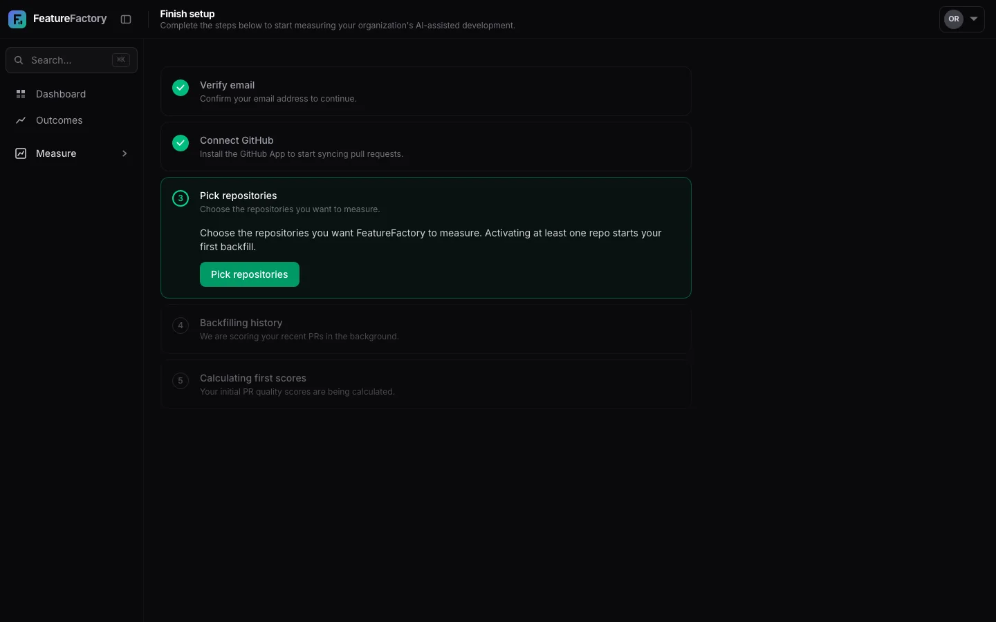 Repository selection step with available repositories and measurement choices.