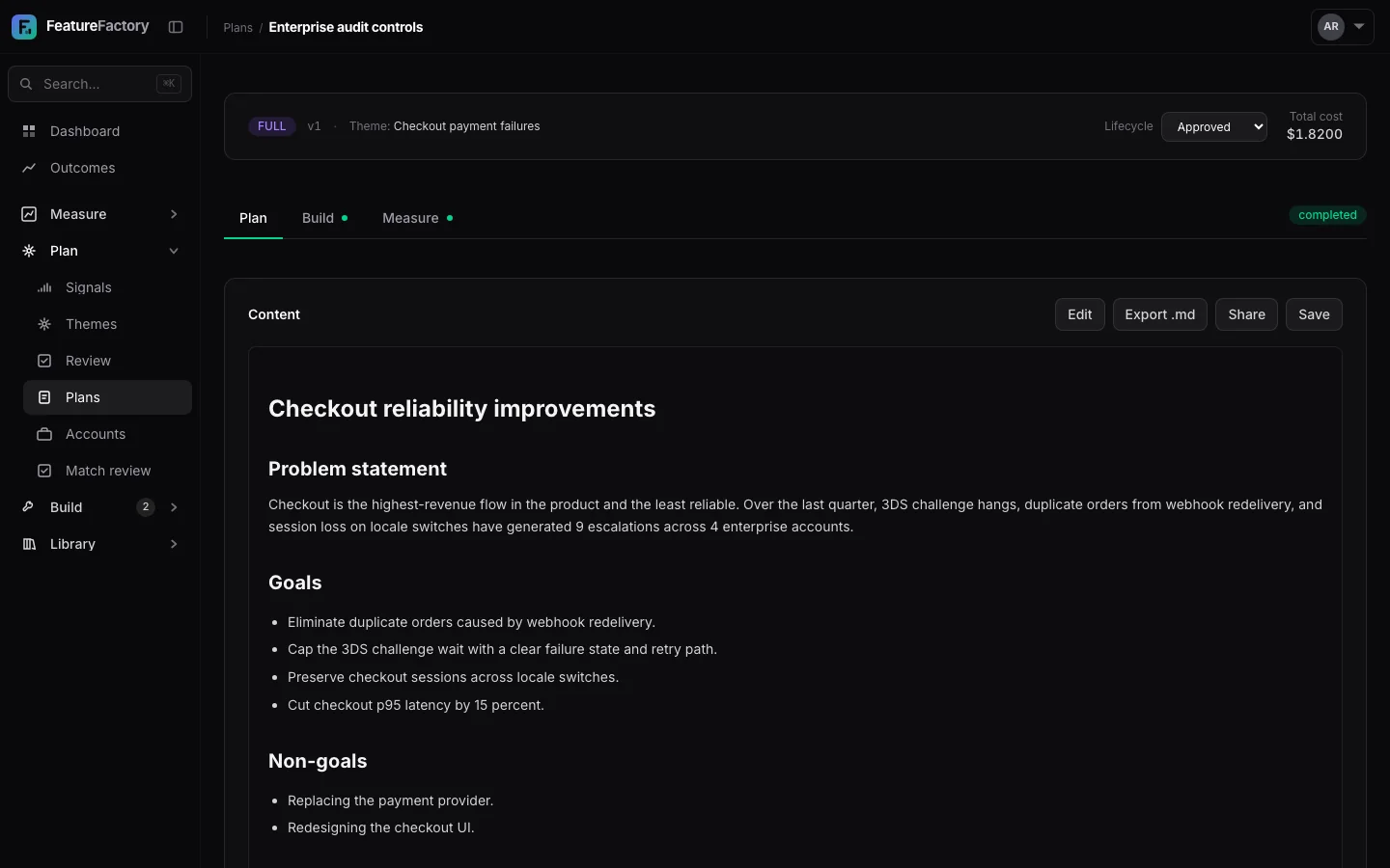 Completed product plan with lifecycle status, export action, and delivery controls.