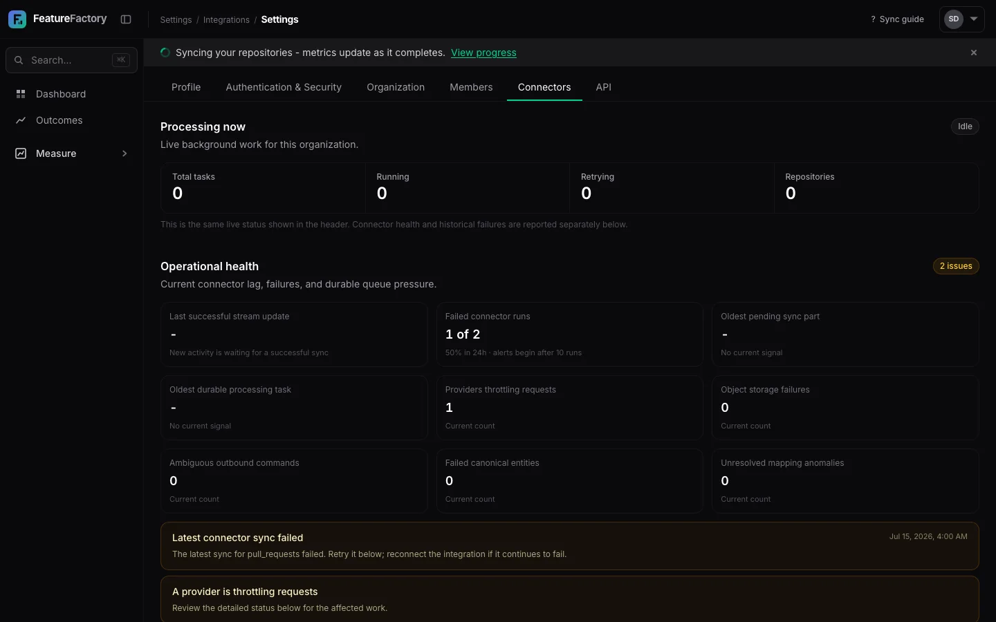 Sync status page showing a failed repository sync and available recovery action.