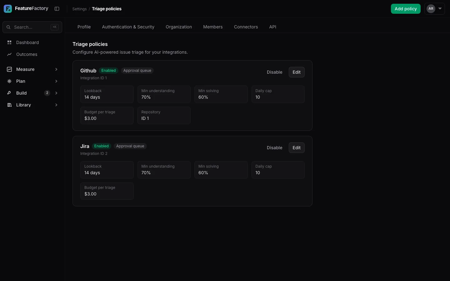 Triage policy settings with scope, classification, and action controls.