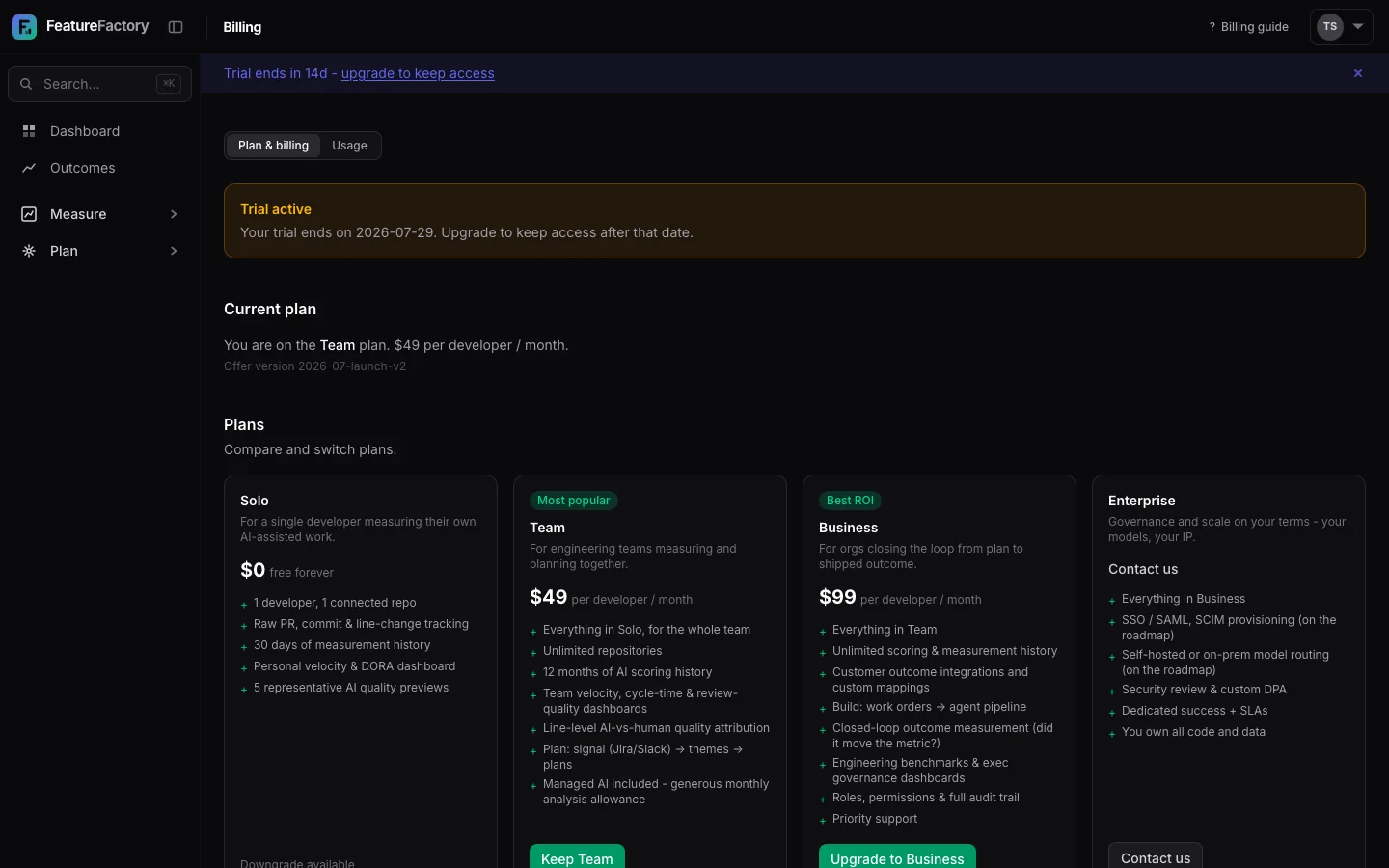 Billing settings with trial status, plan, seats, usage, and payment controls.