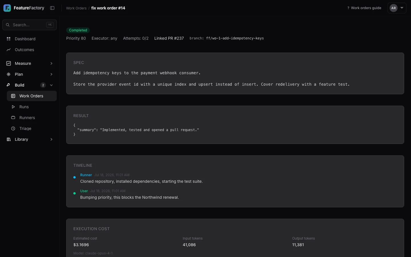 Work order detail with plan context, repository scope, runner policy, and acceptance criteria.